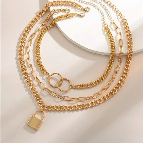 Jewelry - GOLD 3pc Lock Charm Chain Necklace